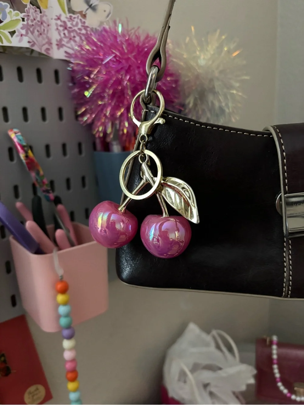 Pink Cherry Keychain Bag Charm
